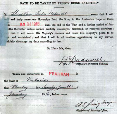 Army enlistment of Llewellyn Dadswell