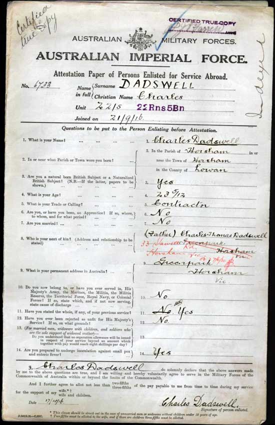 Army enlistment form for Charles Dadswell