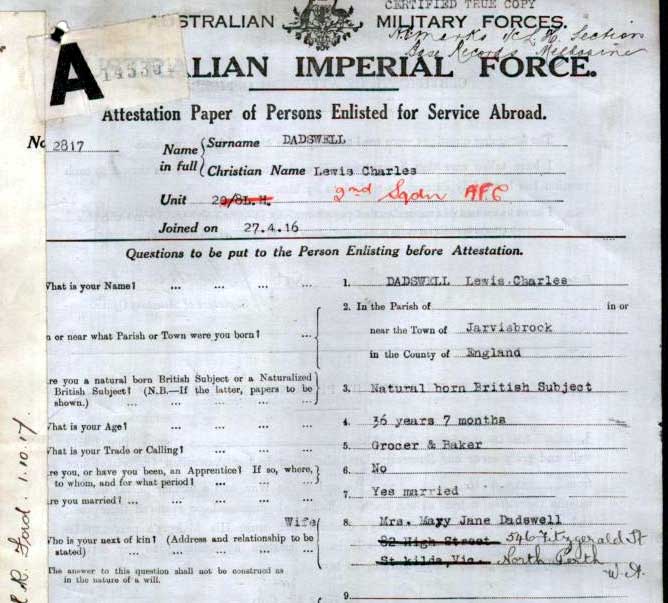 Army enlistment form of Lewis Dadswell